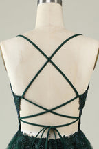 Vestido corto de fiesta con tirantes finos, corte A, color rubor y apliques