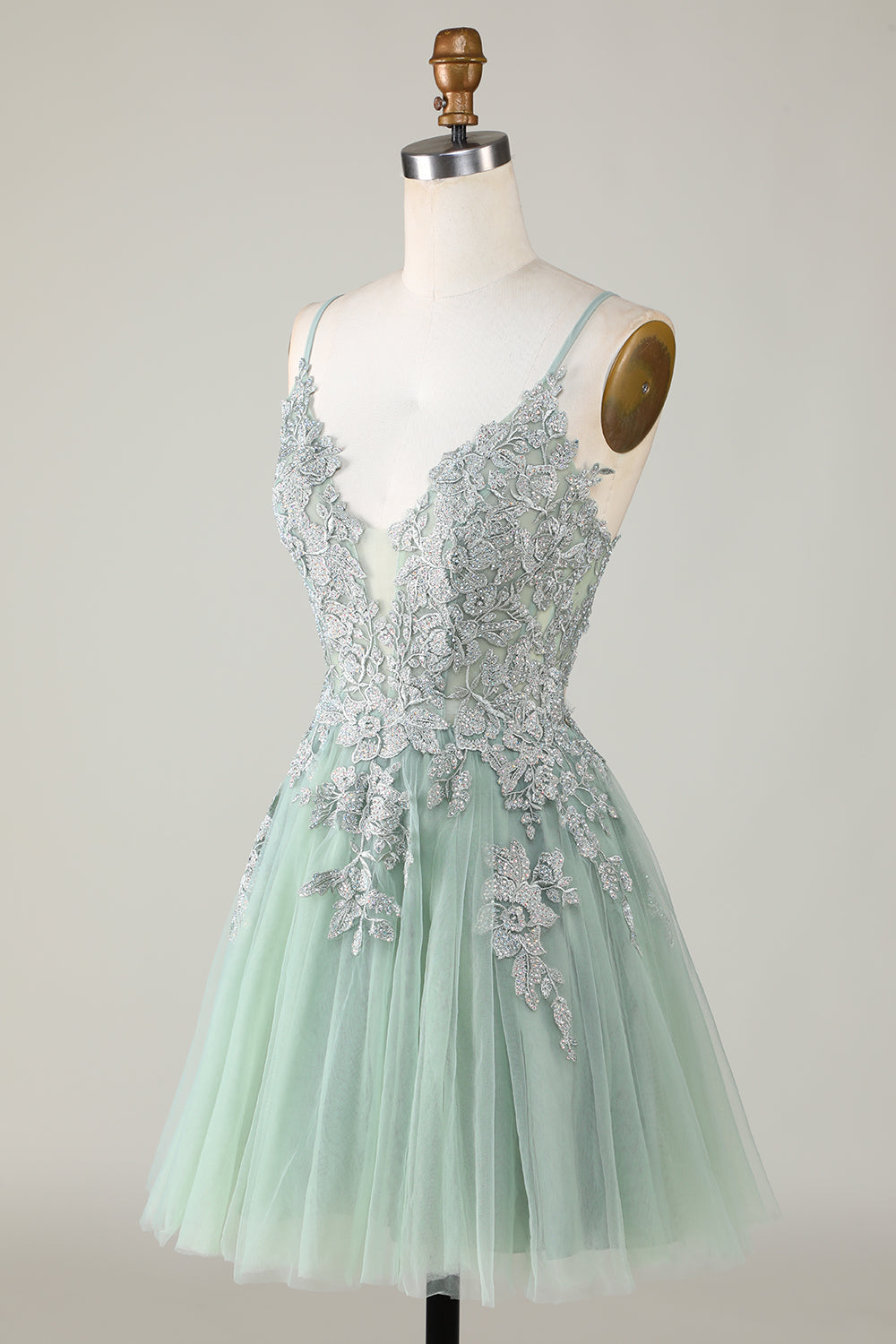 Vestido corto de fiesta con tirantes finos, corte A, color rubor y apliques