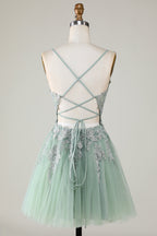 Vestido corto de fiesta con tirantes finos, corte A, color rubor y apliques