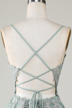 Vestido corto de fiesta con tirantes finos, corte A, color rubor y apliques
