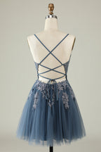 Vestido corto de fiesta con tirantes finos, corte A, color rubor y apliques