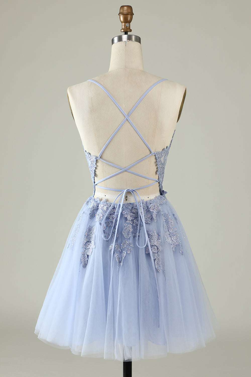 Vestido corto de fiesta con tirantes finos, corte A, color rubor y apliques