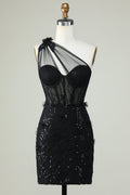 Black Bodycon One Shoulder Corset Short Homecoming Dress with Appliques