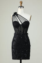 Black Bodycon One Shoulder Corset Short Homecoming Dress with Appliques