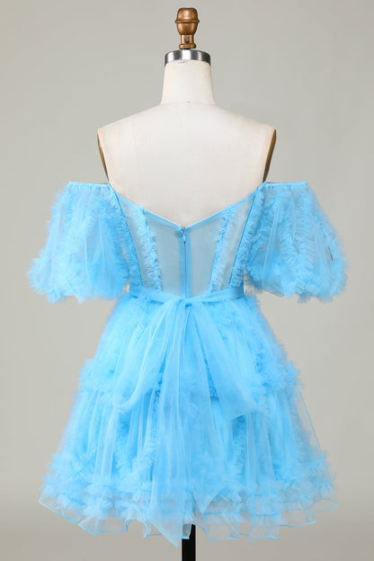 Cute Blush A line Tulle Off The Shoulder Short Homecoming Dress