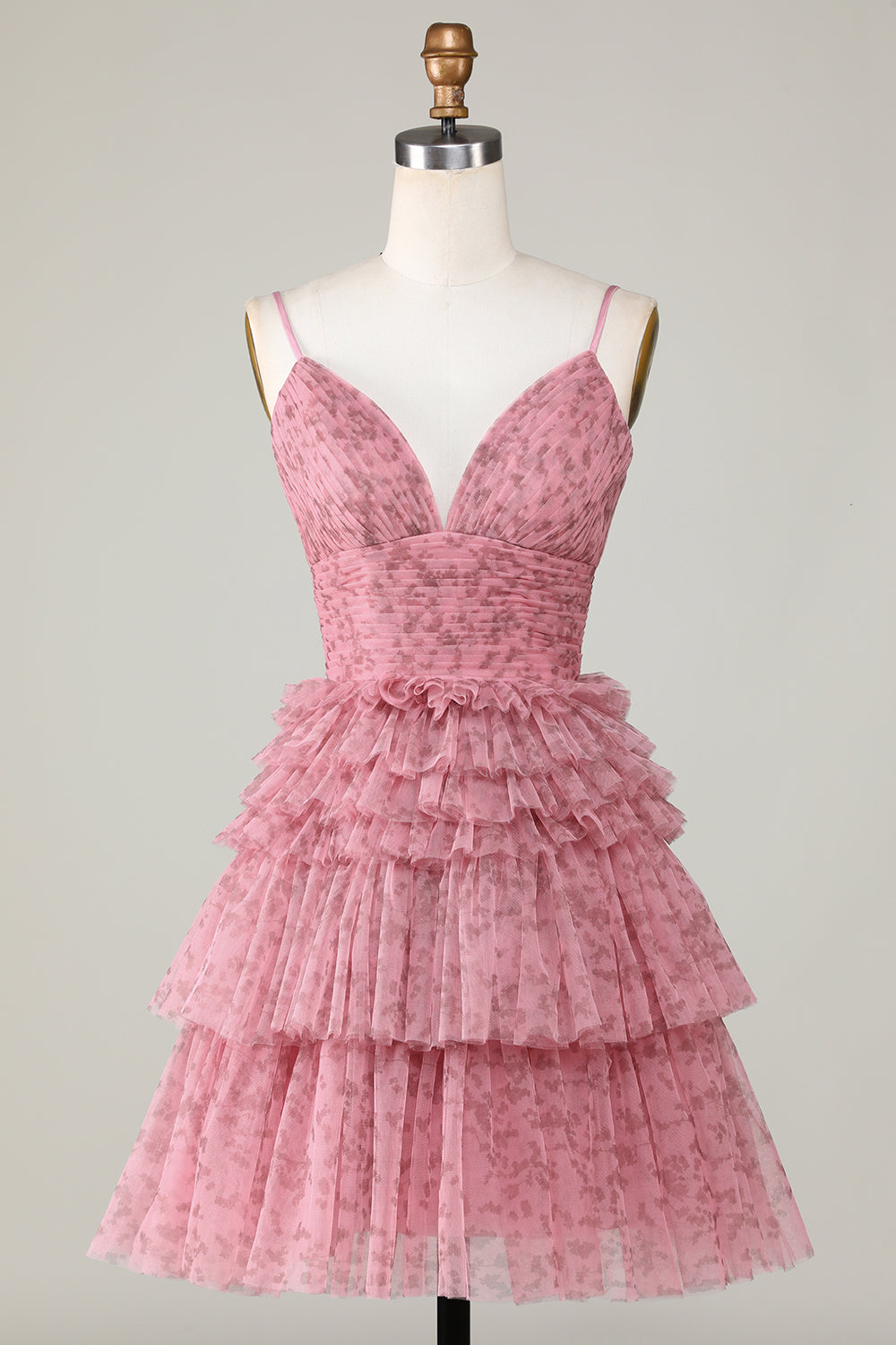 Vestido corto de fiesta con tirantes finos, corte A y volantes, color rubor