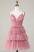 Süßes, kurzes Homecoming-Kleid in A-Linie mit Spaghettiträgern und Rüschen in Rosa
