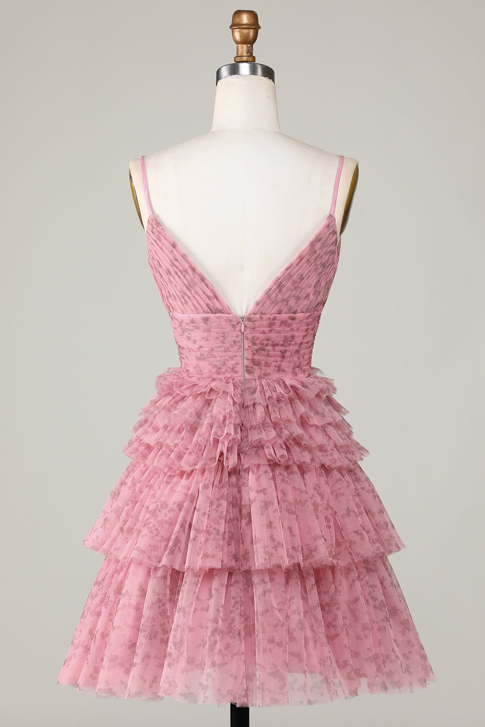 Vestido corto de fiesta con tirantes finos, corte A y volantes, color rubor
