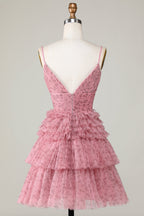 Vestido corto de fiesta con tirantes finos, corte A y volantes, color rubor