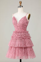 Vestido corto de fiesta con tirantes finos, corte A y volantes, color rubor