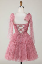 Vestido corto de tul con estampado en forma de A color ruborizado para regreso a casa