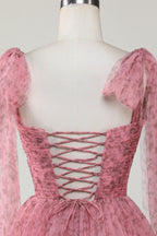 Vestido corto de tul con estampado en forma de A color ruborizado para regreso a casa