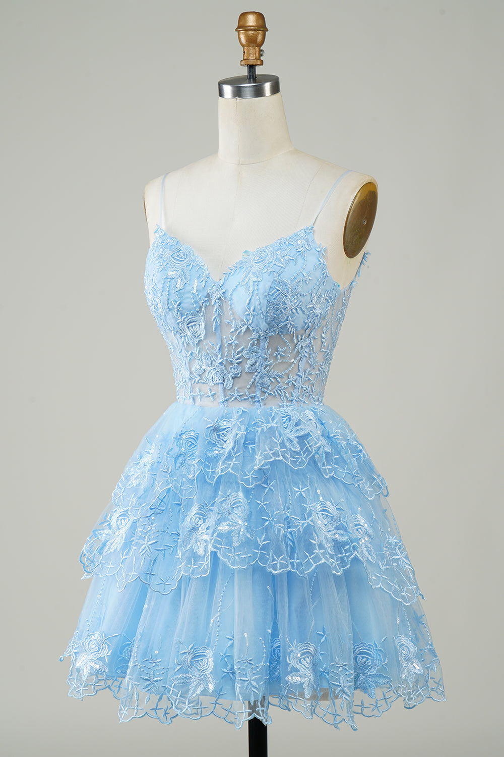 Lindo vestido negro de fiesta corto con corsé escalonado, lentejuelas brillantes y corte en A