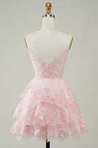 Lindo vestido negro de fiesta corto con corsé escalonado, lentejuelas brillantes y corte en A
