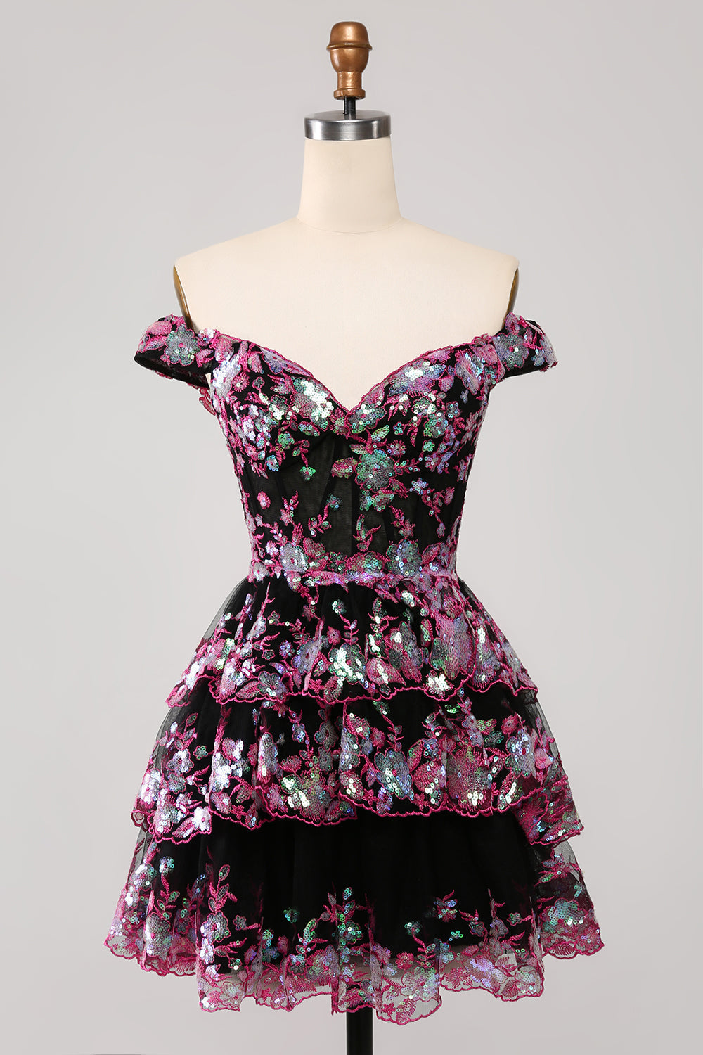 Vestido de fiesta corto azul oscuro brillante con hombros descubiertos, corsé, capas y lentejuelas