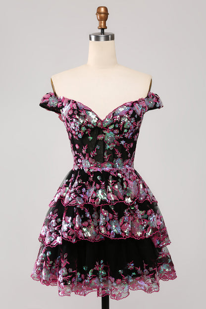 Vestido de fiesta corto azul oscuro brillante con hombros descubiertos, corsé, capas y lentejuelas