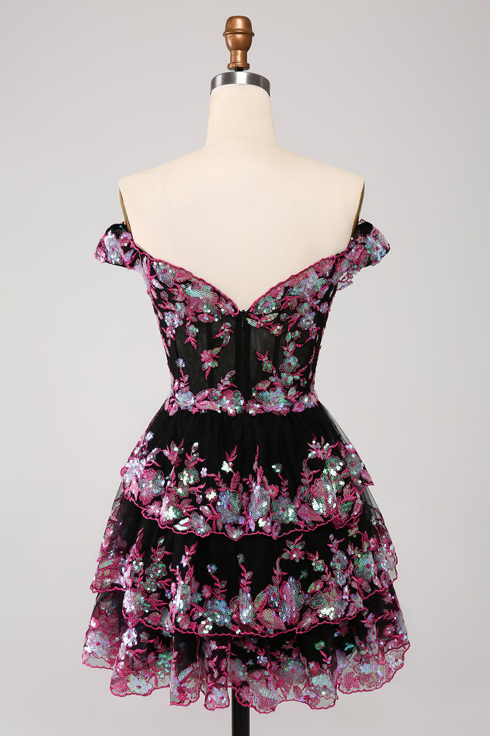Vestido de fiesta corto azul oscuro brillante con hombros descubiertos, corsé, capas y lentejuelas