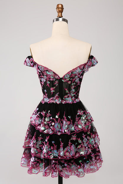 Vestido de fiesta corto azul oscuro brillante con hombros descubiertos, corsé, capas y lentejuelas