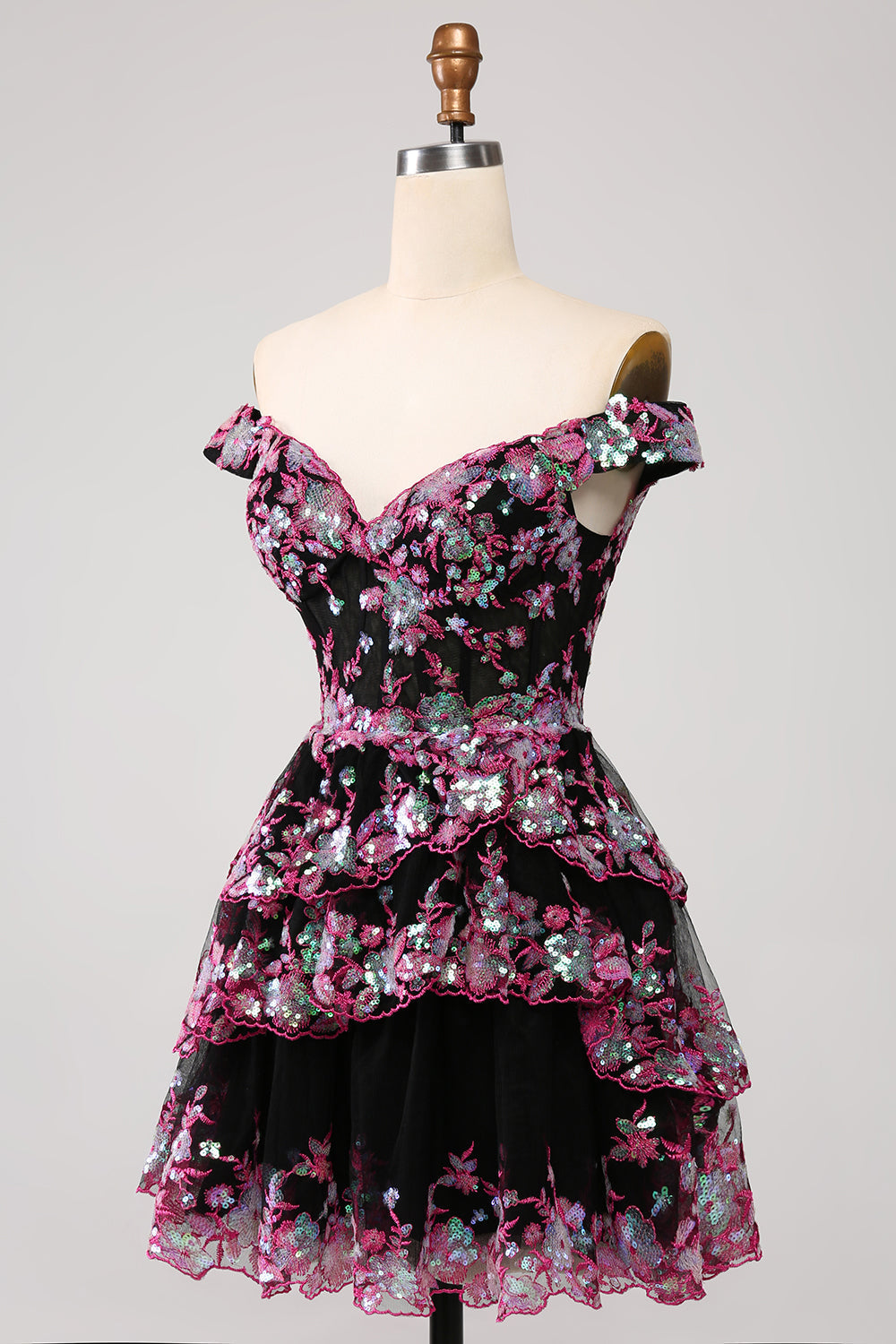 Vestido de fiesta corto azul oscuro brillante con hombros descubiertos, corsé, capas y lentejuelas