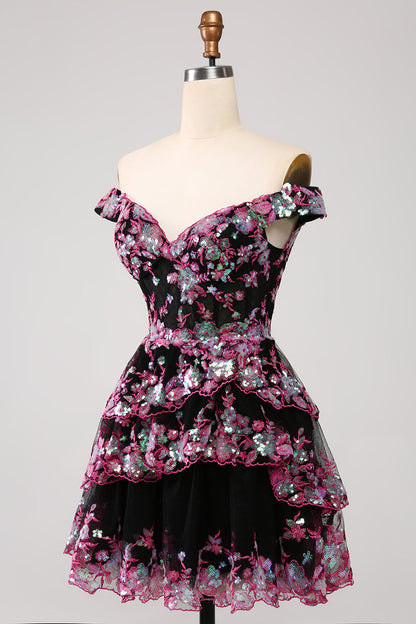 Vestido de fiesta corto azul oscuro brillante con hombros descubiertos, corsé, capas y lentejuelas