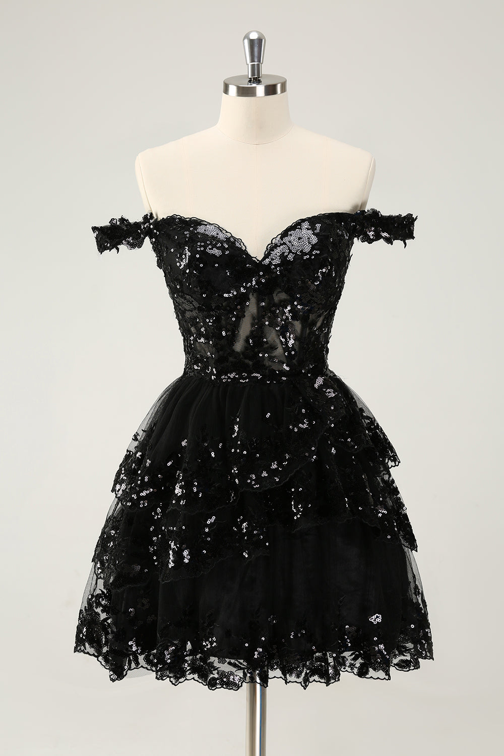 Vestido de fiesta corto azul oscuro brillante con hombros descubiertos, corsé, capas y lentejuelas