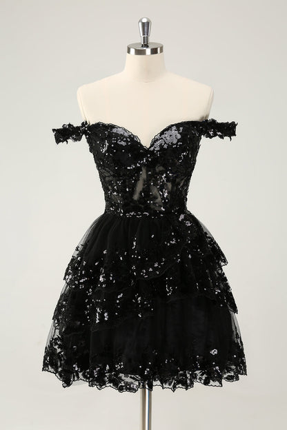 Vestido de fiesta corto azul oscuro brillante con hombros descubiertos, corsé, capas y lentejuelas