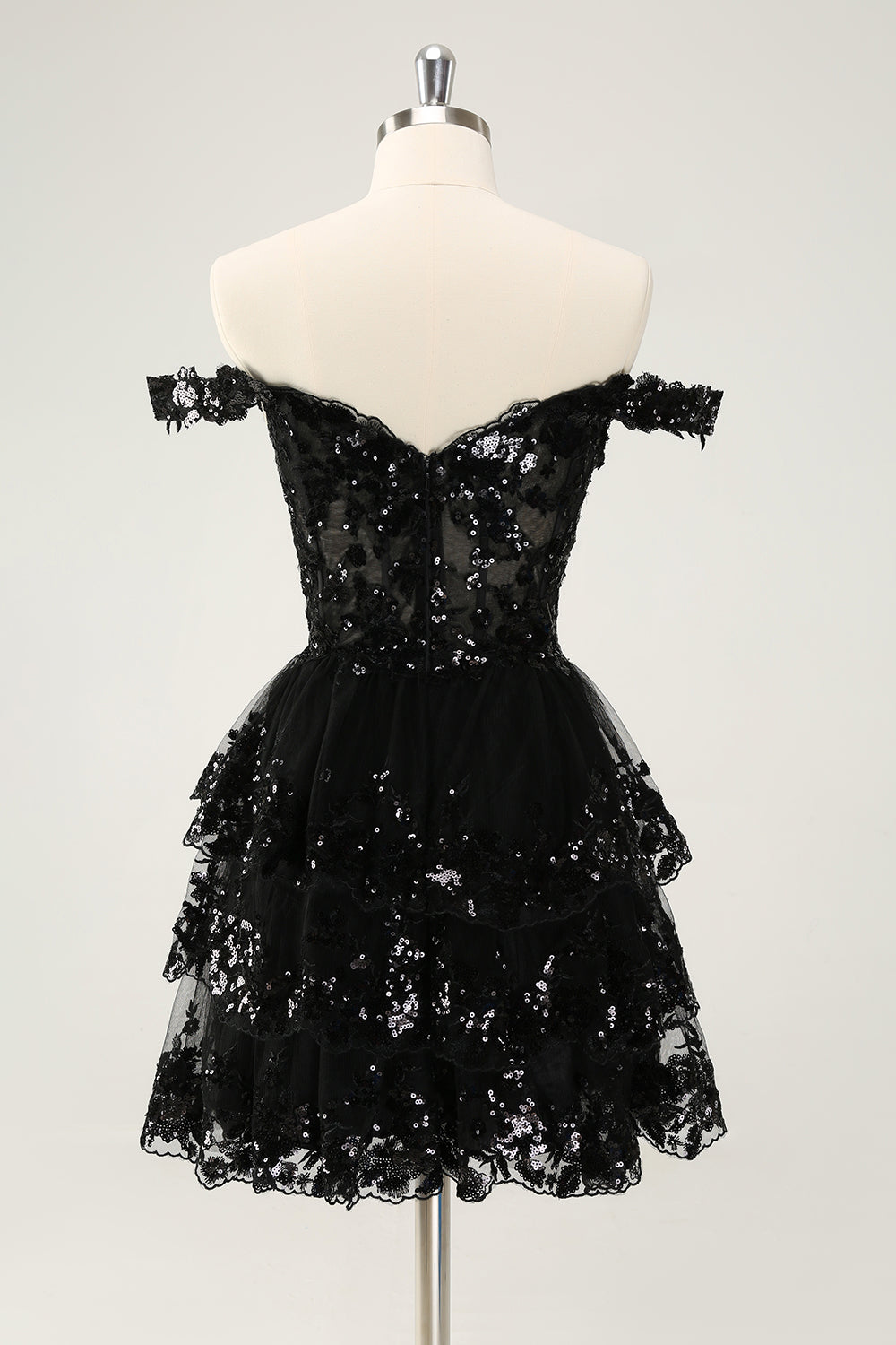 Vestido de fiesta corto azul oscuro brillante con hombros descubiertos, corsé, capas y lentejuelas