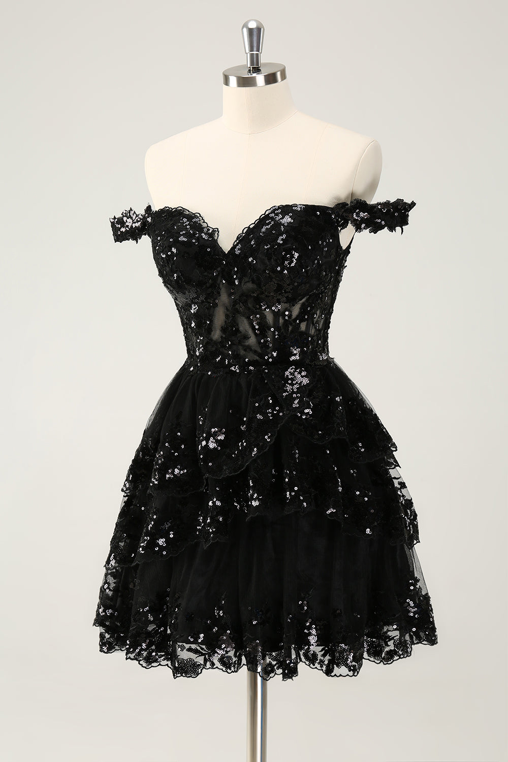 Vestido de fiesta corto azul oscuro brillante con hombros descubiertos, corsé, capas y lentejuelas