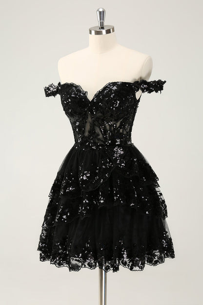 Vestido de fiesta corto azul oscuro brillante con hombros descubiertos, corsé, capas y lentejuelas