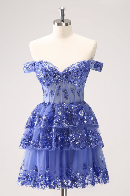 Vestido de fiesta corto azul oscuro brillante con hombros descubiertos, corsé, capas y lentejuelas