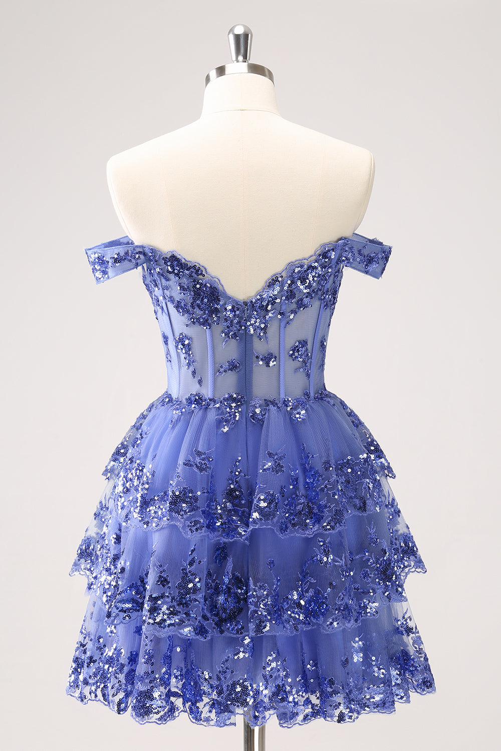 Vestido de fiesta corto azul oscuro brillante con hombros descubiertos, corsé, capas y lentejuelas