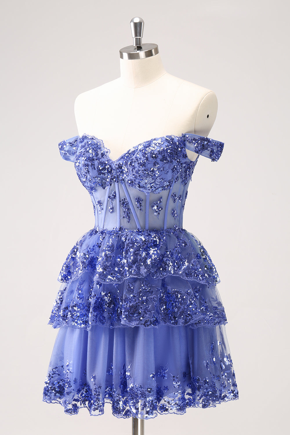Vestido de fiesta corto azul oscuro brillante con hombros descubiertos, corsé, capas y lentejuelas