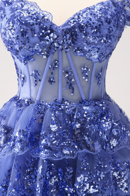Vestido de fiesta corto azul oscuro brillante con hombros descubiertos, corsé, capas y lentejuelas