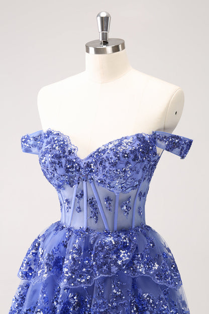 Vestido de fiesta corto azul oscuro brillante con hombros descubiertos, corsé, capas y lentejuelas