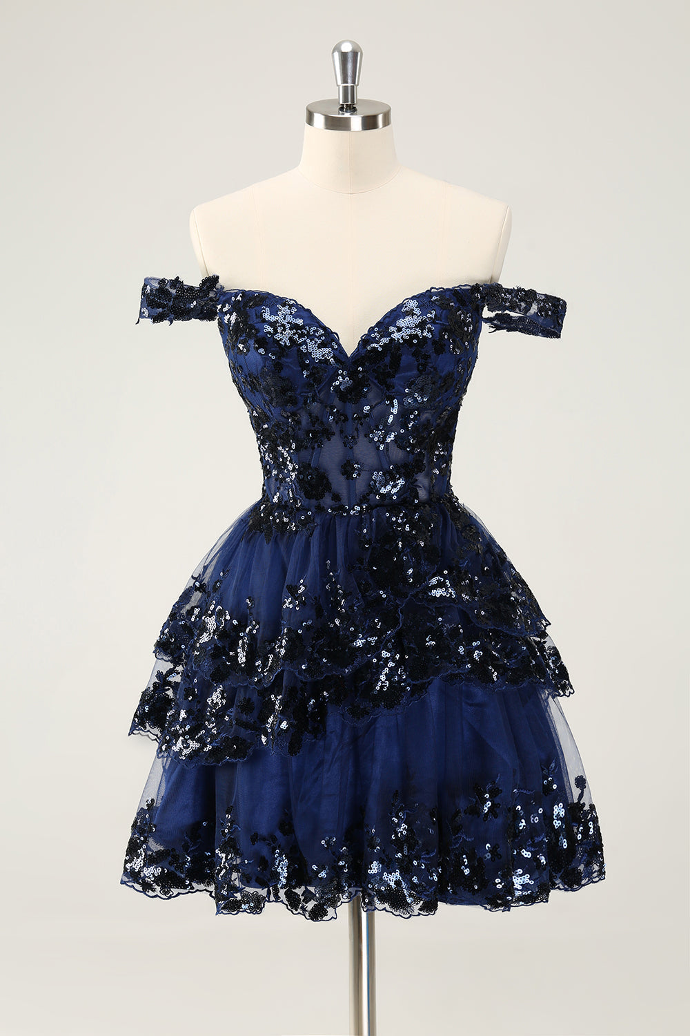 Vestido de fiesta corto azul oscuro brillante con hombros descubiertos, corsé, capas y lentejuelas