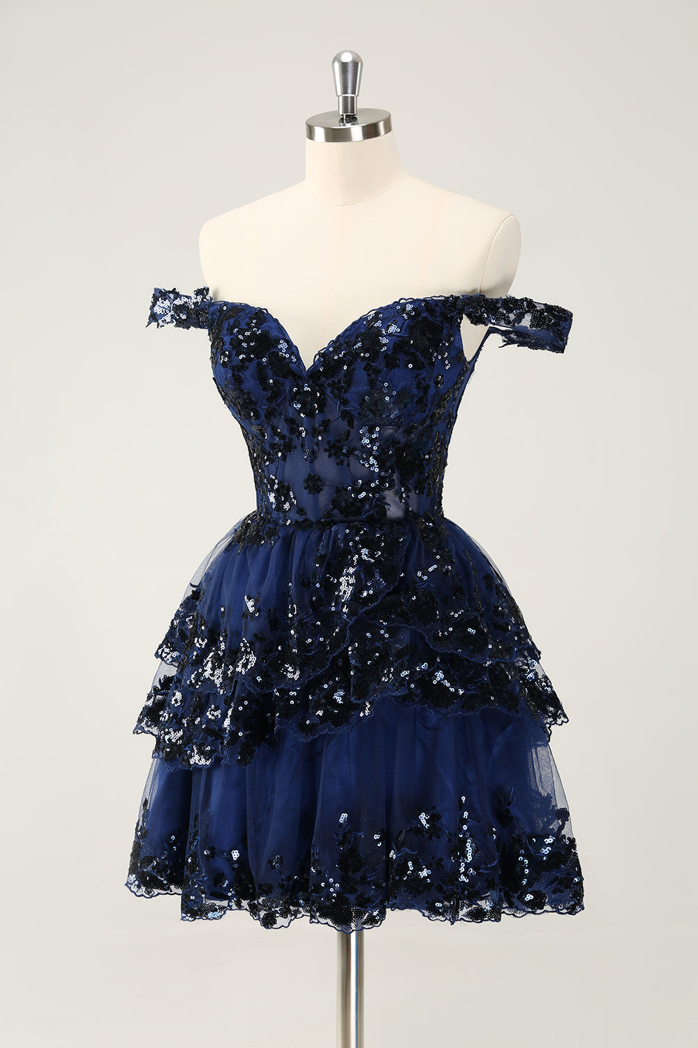 Vestido de fiesta corto azul oscuro brillante con hombros descubiertos, corsé, capas y lentejuelas