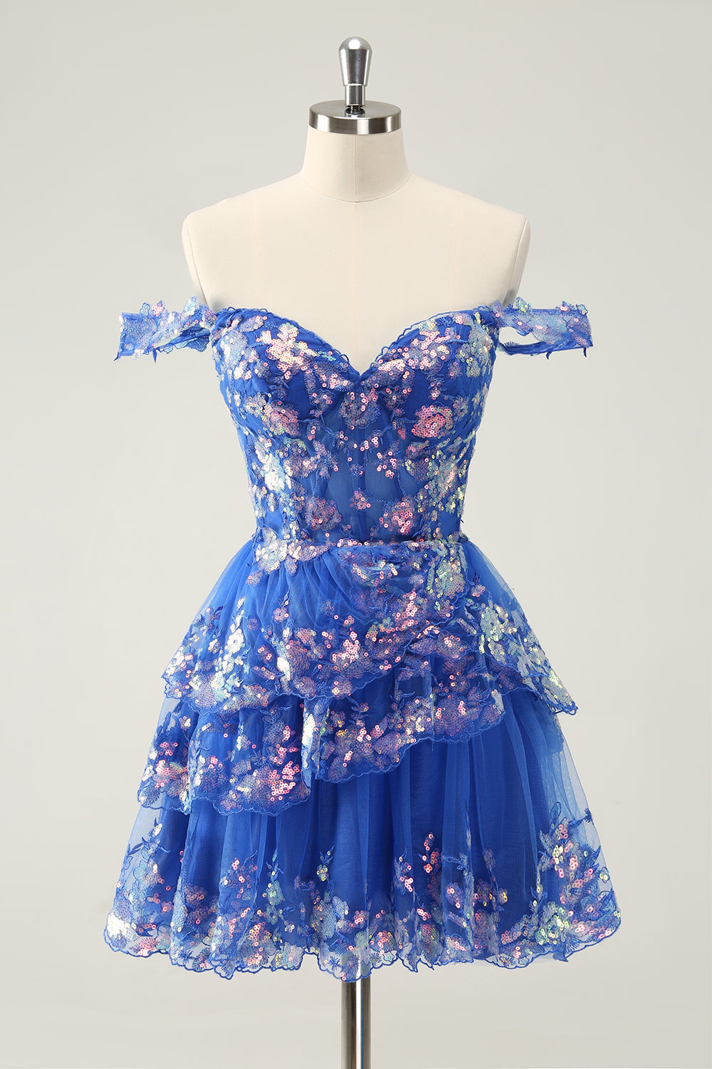 Vestido de fiesta corto azul oscuro brillante con hombros descubiertos, corsé, capas y lentejuelas