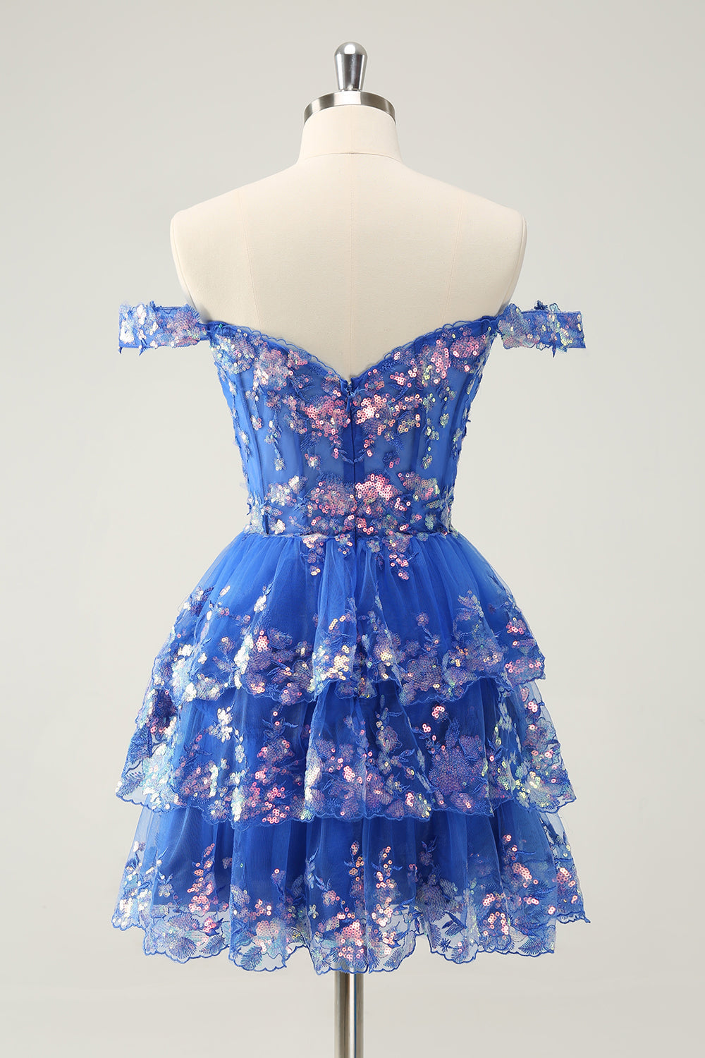 Vestido de fiesta corto azul oscuro brillante con hombros descubiertos, corsé, capas y lentejuelas