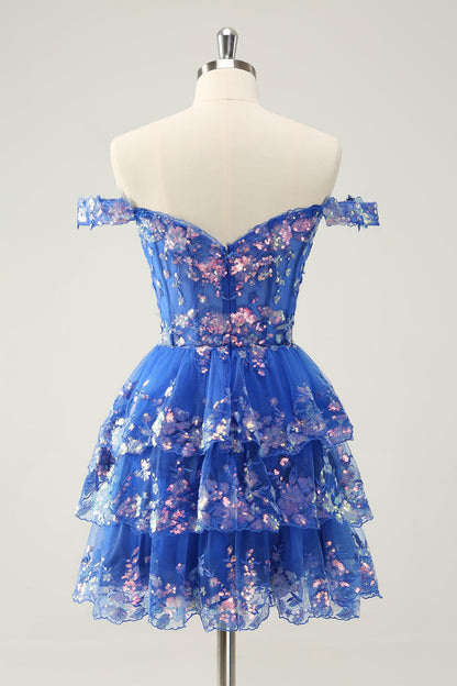 Vestido de fiesta corto azul oscuro brillante con hombros descubiertos, corsé, capas y lentejuelas