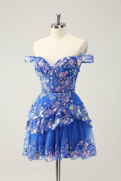 Vestido de fiesta corto azul oscuro brillante con hombros descubiertos, corsé, capas y lentejuelas