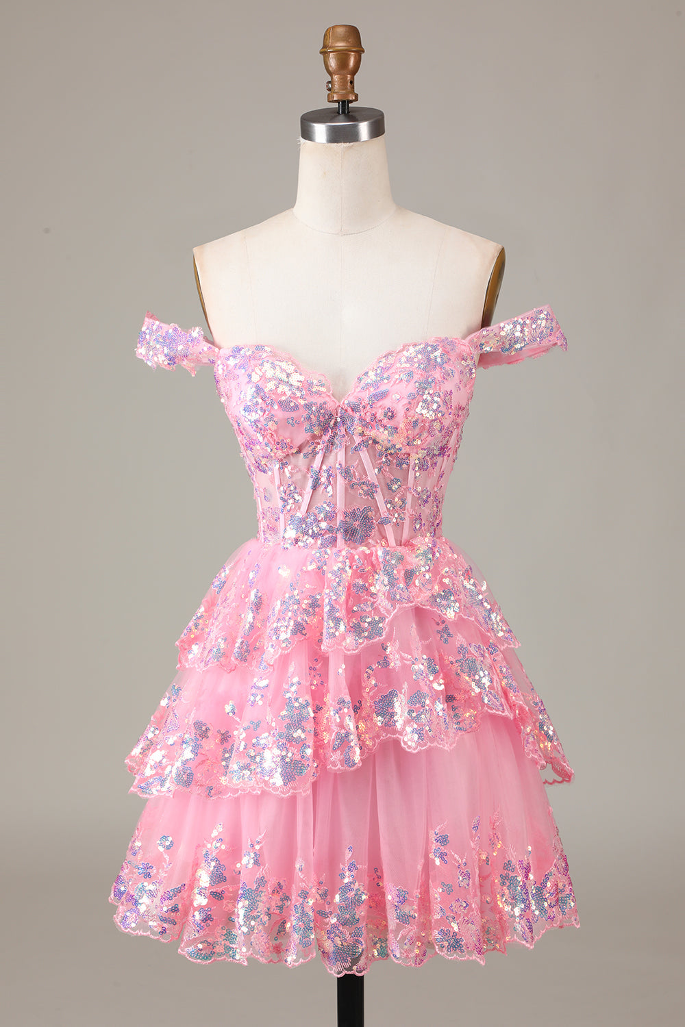 Vestido de fiesta corto azul oscuro brillante con hombros descubiertos, corsé, capas y lentejuelas