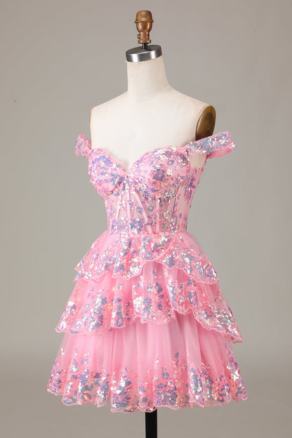 Vestido de fiesta corto azul oscuro brillante con hombros descubiertos, corsé, capas y lentejuelas