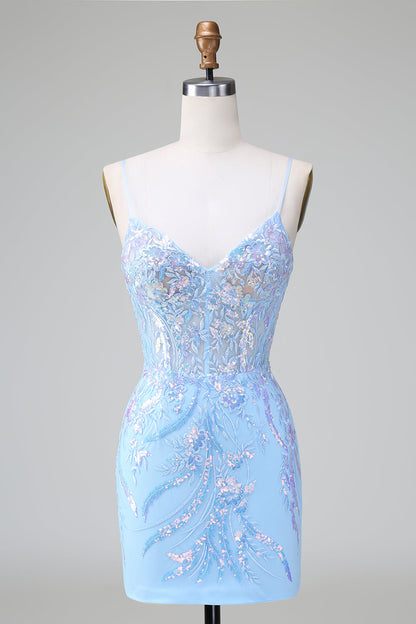 Funkelndes blaues, figurbetontes, kurzes Homecoming-Kleid mit Spaghettiträgern und Korsett und Pailletten