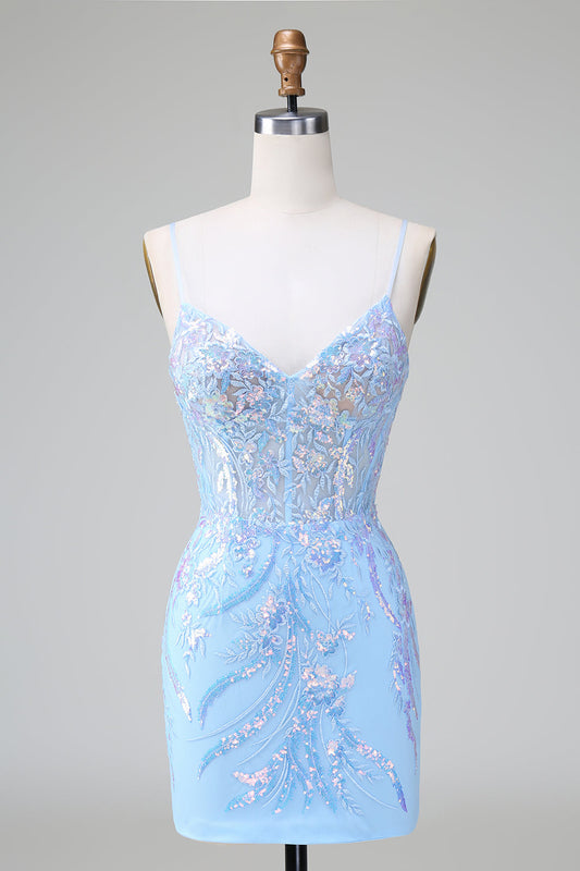 Funkelndes blaues, figurbetontes, kurzes Homecoming-Kleid mit Spaghettiträgern und Korsett und Pailletten