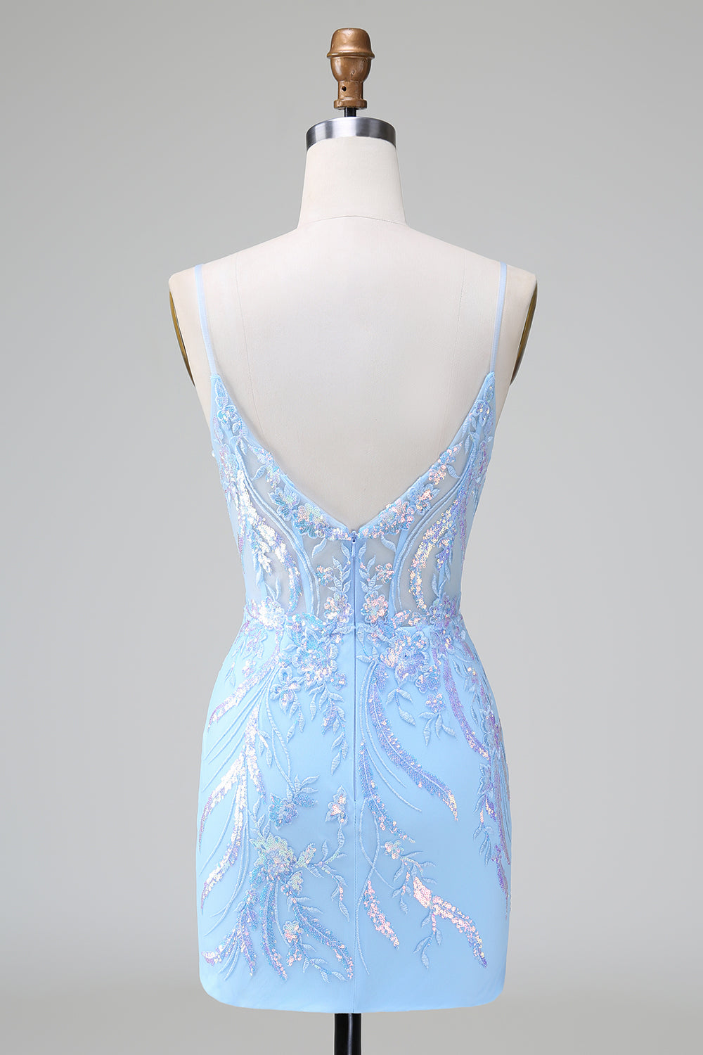 Funkelndes blaues, figurbetontes, kurzes Homecoming-Kleid mit Spaghettiträgern und Korsett und Pailletten