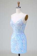 Funkelndes blaues, figurbetontes, kurzes Homecoming-Kleid mit Spaghettiträgern und Korsett und Pailletten