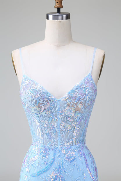 Funkelndes blaues, figurbetontes, kurzes Homecoming-Kleid mit Spaghettiträgern und Korsett und Pailletten