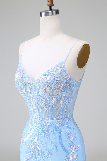 Funkelndes blaues, figurbetontes, kurzes Homecoming-Kleid mit Spaghettiträgern und Korsett und Pailletten