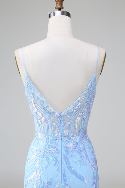 Funkelndes blaues, figurbetontes, kurzes Homecoming-Kleid mit Spaghettiträgern und Korsett und Pailletten