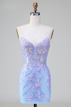 Funkelndes blaues, figurbetontes, kurzes Homecoming-Kleid mit Spaghettiträgern und Korsett und Pailletten